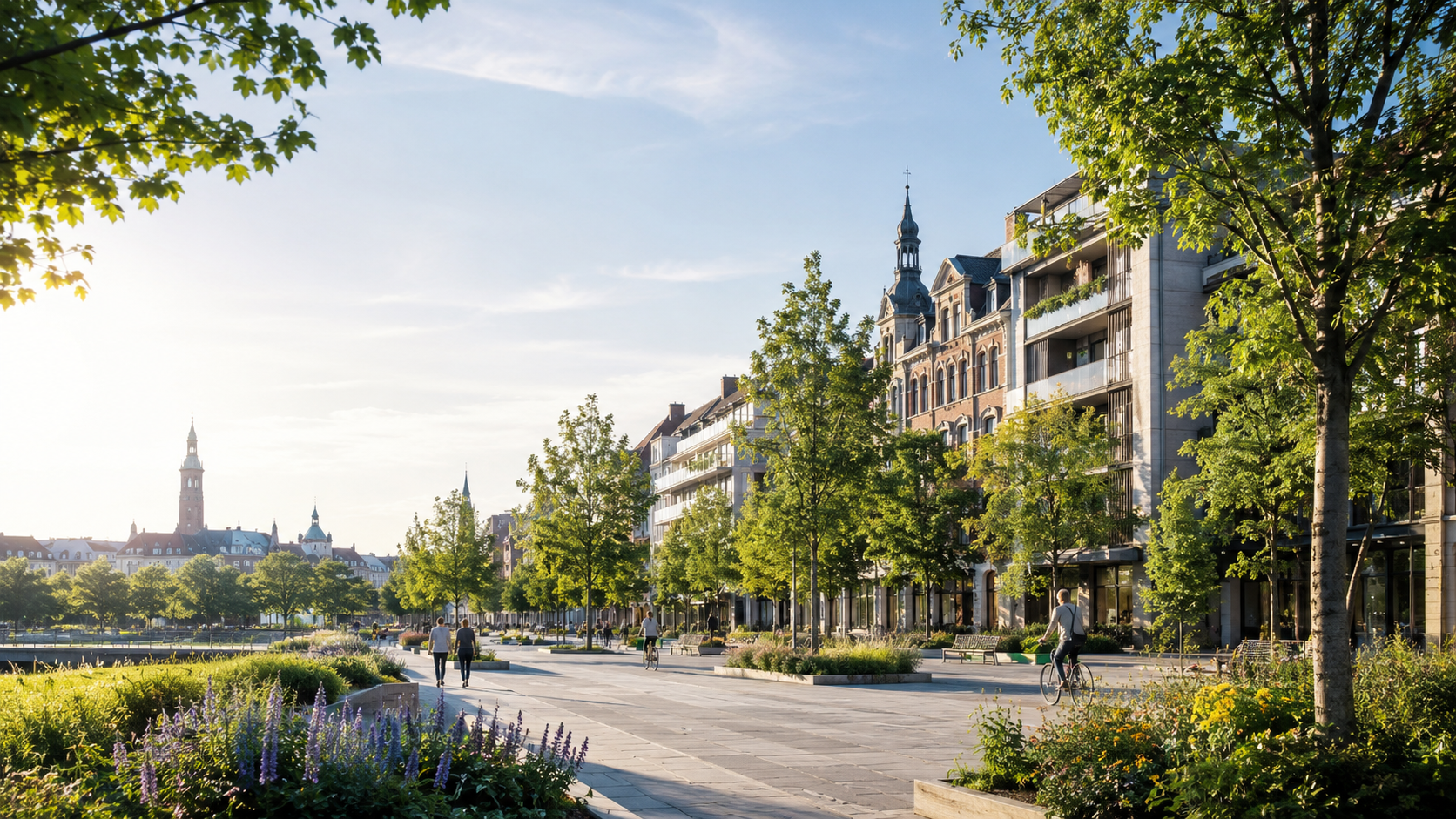 Green urban waterfront promenade with trees and cyclists